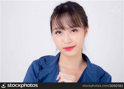 beautiful portrait young business asian woman standing with confident isolated on white background, asia businesswoman career secretary or accountant work success with smiling and happy.