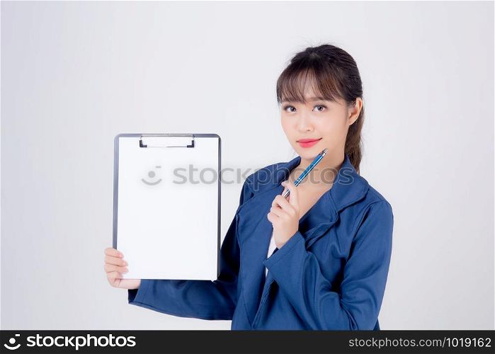 Beautiful portrait young business asian woman thinking and showing clipboard for success isolated on white background, confident businesswoman planning and presenting for inspiration and successful.