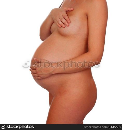 Beautiful pregnant body without clothes isolated on a white background