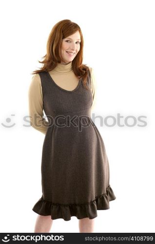 Beautiful pregnant redhead woman fashion white background