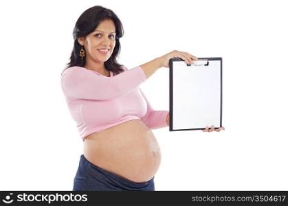 Beautiful pregnant with advertise in blank on a over white background