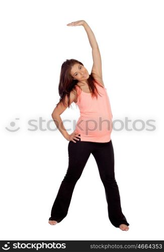 Beautiful pregnant woman doing stretching isolated on a white background