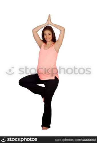 Beautiful pregnant woman doing yoga isolated on a white background