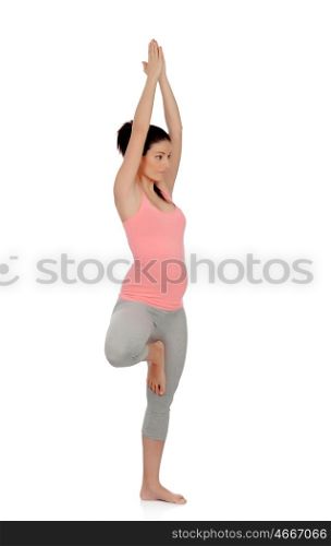 Beautiful pregnant woman doing yoga isolated on white background