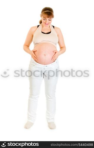 Beautiful pregnant woman holding her belly isolated on white background&#xA;