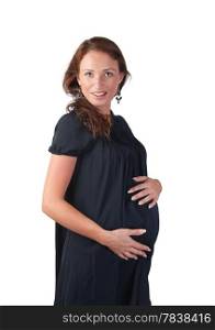 beautiful pregnant woman in black retro gown isolated on white background