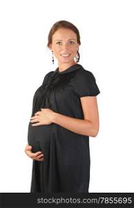 beautiful pregnant woman in black retro gown isolated on white background
