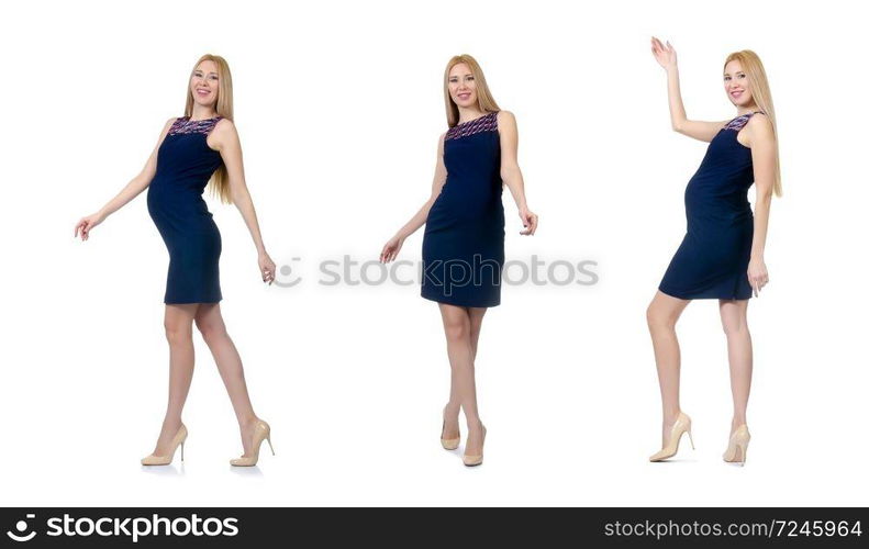 Beautiful pregnant woman in blue dress isolated on white