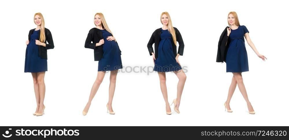 Beautiful pregnant woman in blue dress isolated on white