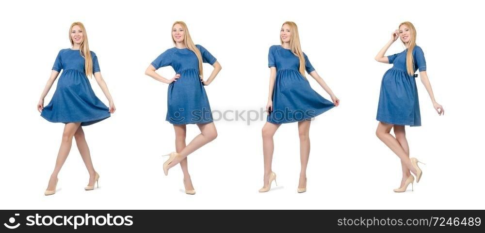 Beautiful pregnant woman in blue dress isolated on white