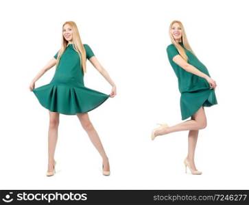 Beautiful pregnant woman in green dress isolated on white