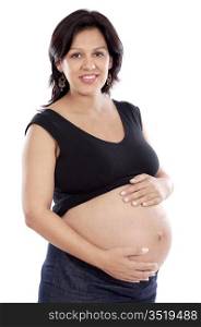 Beautiful pregnant woman over a white background