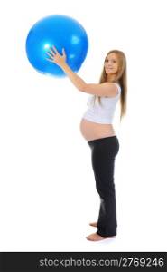 Beautiful pregnant woman sitting with exercise bal. Isolated on white background