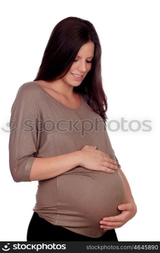 Beautiful pregnant woman smiling isolated on white background