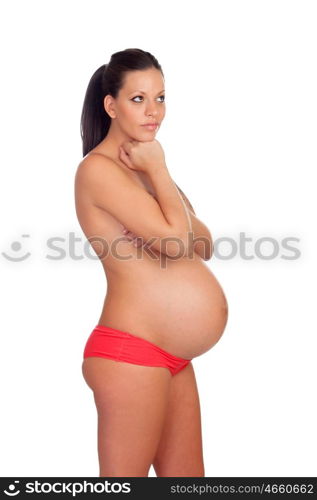 Beautiful pregnant woman thinking isolated on white background