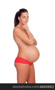 Beautiful pregnant woman thinking isolated on white background