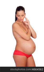 Beautiful pregnant woman thinking isolated on white background