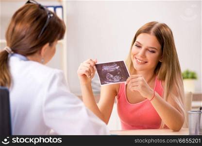 Beautiful pregnant woman visiting female gynecologist