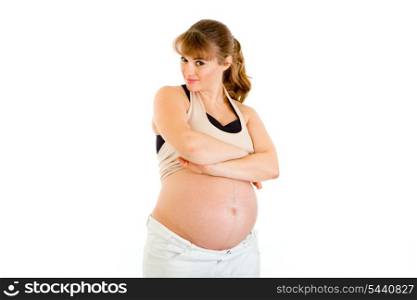 Beautiful pregnant woman with foxy expression on faces isolated on white&#xA;