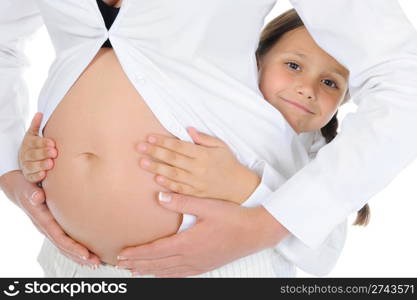 Beautiful pregnant woman with her daughter. Isolated on white background