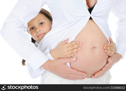 Beautiful pregnant woman with her daughter. Isolated on white background