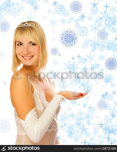 Beautiful princess with her hand outstretched, as though she is presenting something. Perfect place to put text of object