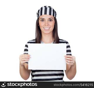 Beautiful prisoner with blank paper isolated on a over white background