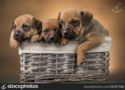 Beautiful puppies in a wicker basket