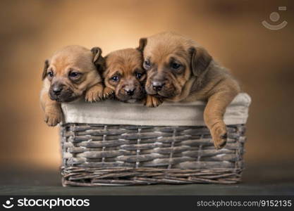 Beautiful puppies in a wicker basket