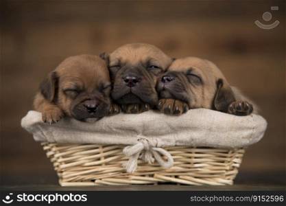 Beautiful puppies in a wicker basket