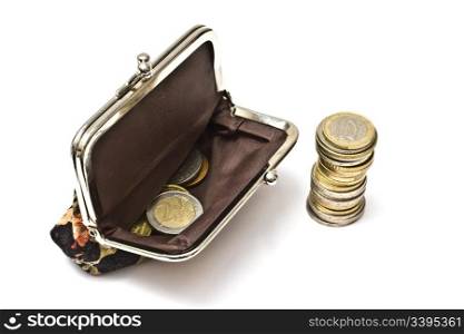 Beautiful purse with euro coins isolated on white background