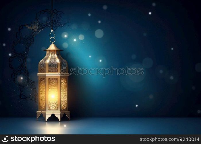 Beautiful Ramadan card featuring rustic lanterns on the table against a dark background with street lights and bokeh. Copy space for your message. Ideal for Muslim festivals and events. AI Generative