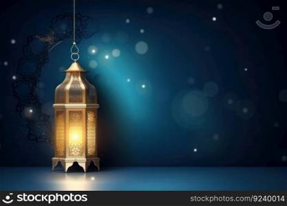 Beautiful Ramadan card featuring rustic lanterns on the table against a dark background with street lights and bokeh. Copy space for your message. Ideal for Muslim festivals and events. AI Generative