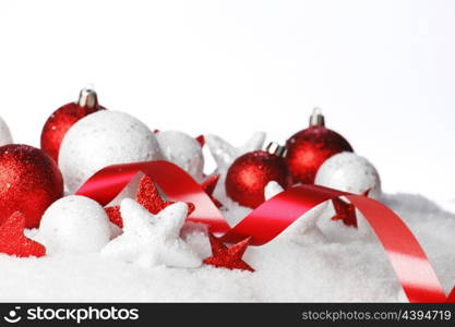 Beautiful red and white Christmas decoration with snow