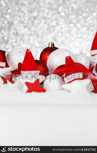 Beautiful red and white Christmas decoration with snow