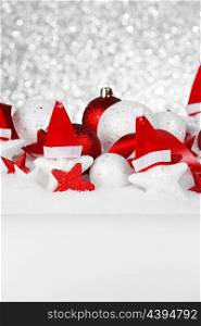 Beautiful red and white Christmas decoration with snow