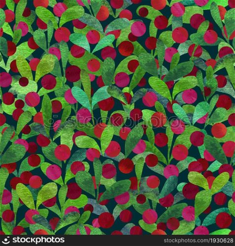 Beautiful red berries with green leaves. Seamless pattern. Natural background. Watercolor illustration.