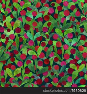 Beautiful red berries with green leaves. Seamless pattern. Natural background. Watercolor illustration.