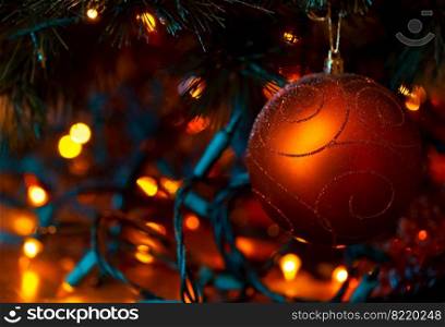 Beautiful Red Christmas Ball. Xmas Tree Decorated with Festive Glowing Garland and Bronze Red Shiny Ball. Decorative Baubles for X-Mas and New Year Holidays.. Festive Christmas Background