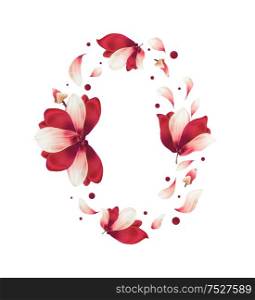 Beautiful red flowers and petals circle frame, isolated on white background. Creative floral layout. Flying flowers. Red Amaryllis flowers wreath