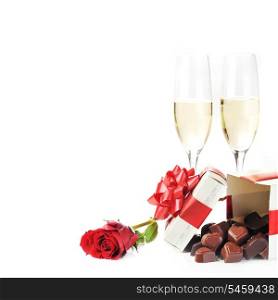 beautiful red rose, champagne and chocolate close up