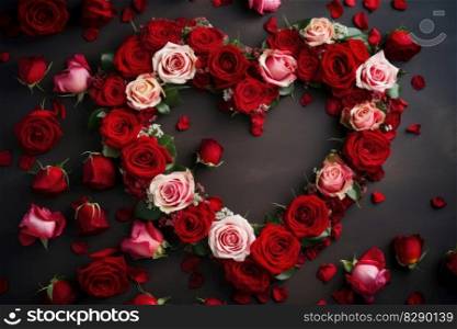Beautiful red roses in shape of a heart valentine background created with generative AI technology