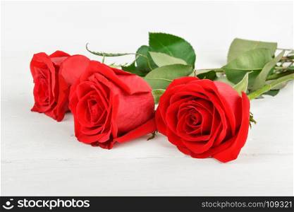 Beautiful red roses on a white wooden background. Flat lay, top view. Free space for text.