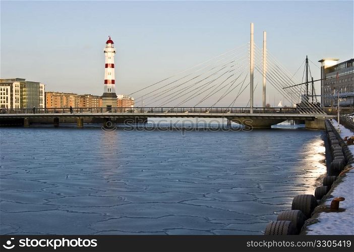 beautiful red striped lighthouse in Malmoe, Sweden