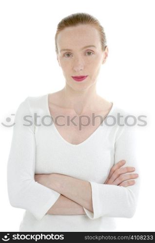 Beautiful redhead business woman portrait isolated on white