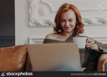 Beautiful redhead European woman concentrated in laptop computer, ponders on completing working tasks, drinks aromatic coffee, sits on comfortable sofa, checks database, analyzes information