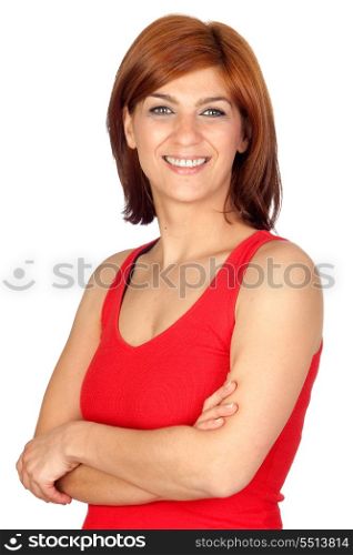 Beautiful redhead girl isolated on a over white background