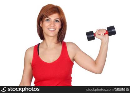 Beautiful redhead girl lifting weights isolated on a over white background