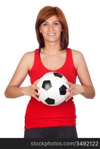 Beautiful redhead girl with a soccer ball isolated on a over white background