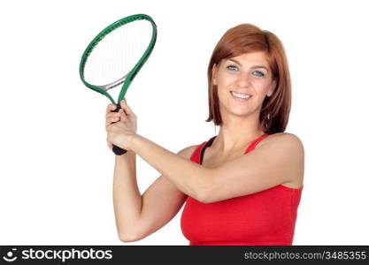 Beautiful redhead girl with a tennis racket isolated on a over white background